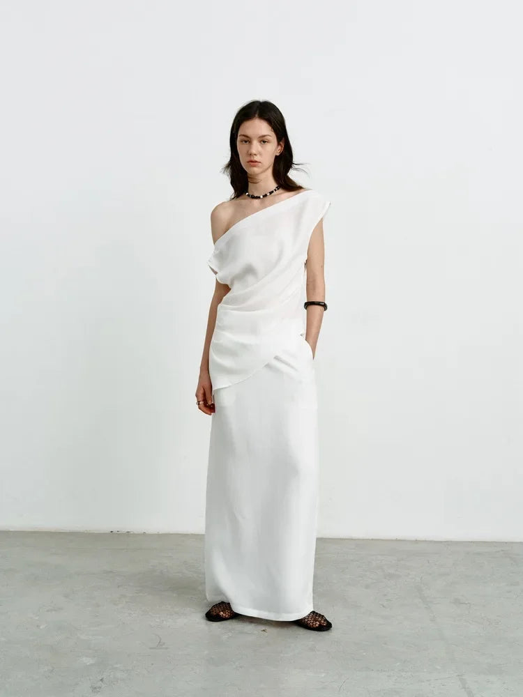 Elegant High-Waisted A- Line Skirt For Women Summer Commuting Long Dress Textile Song WhiteDrapedSideSlitLongDress