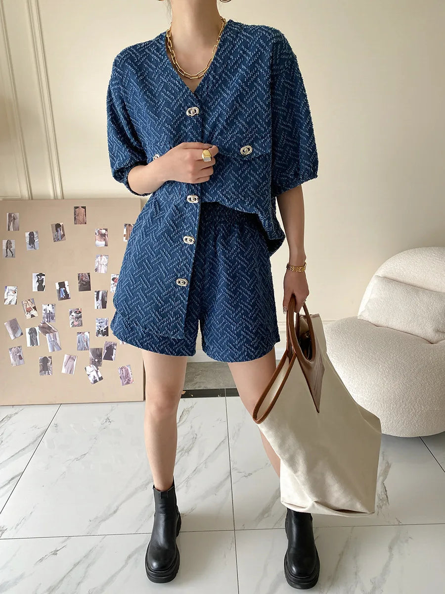 Women's Denim Short Sleeve Top and Shorts Two Piece Suit French Fashion Spring Summer Cowgirl Top Streetwear Korean Leisure New