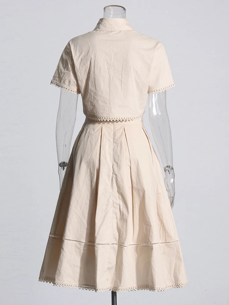 GALCAUR Elegant Two Piece Sets For Women Lapel Short Sleeve Tops High Waist A Line Pleated Skirts Solid Set Female Summer 2023