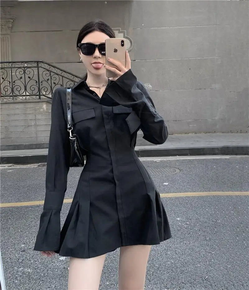 HOUZHOU Black Shirt Dress Women Elegant Vintage Long Sleeve Dresses Sexy Gothic Pleated Streetwear Turn-down Collar Casual Robe