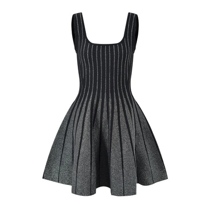 2024 Autumn Vintage Style High Quality Lady Sleeveless O-neckline Women Mini Short Knitted A-line Striped Dress