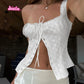 2024 New White Lace Tied Square Neck Summer T-shirts Chic Elegant Short Sleeve Tee Cotton Y2K Street Casual Bow Tie-up Top Women