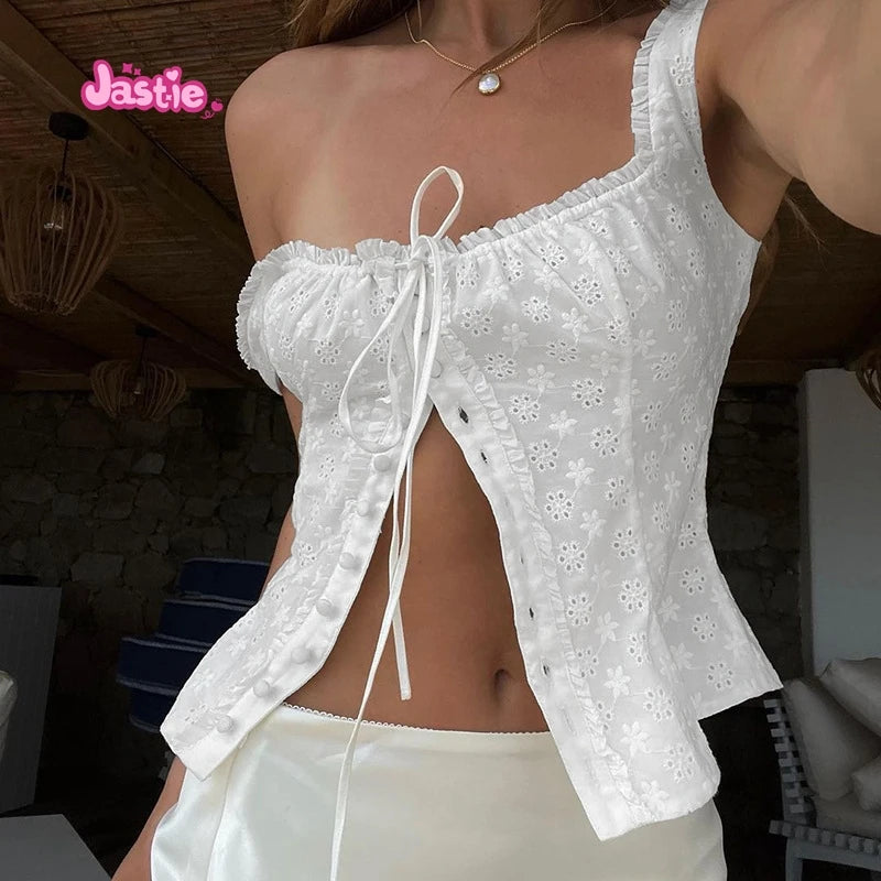 2024 New White Lace Tied Square Neck Summer T-shirts Chic Elegant Short Sleeve Tee Cotton Y2K Street Casual Bow Tie-up Top Women