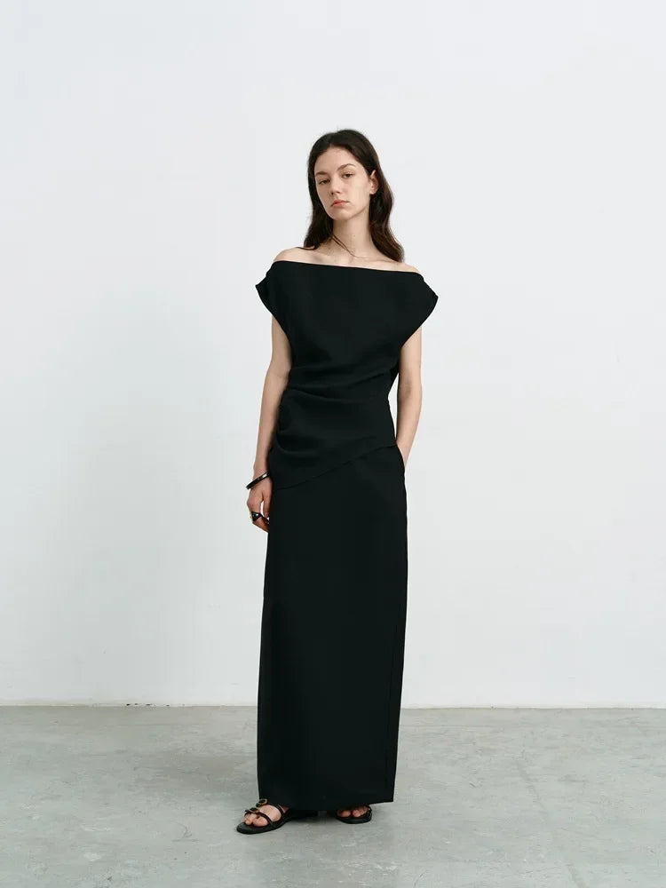 Elegant High-Waisted A- Line Skirt For Women Summer Commuting Long Dress Textile Song WhiteDrapedSideSlitLongDress