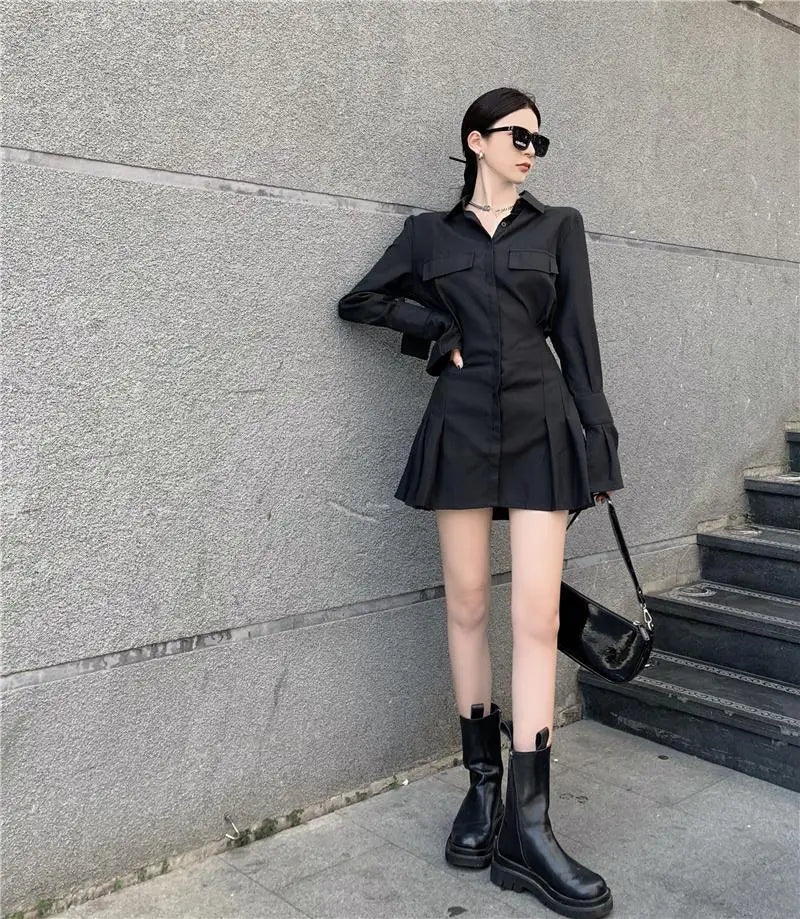 HOUZHOU Black Shirt Dress Women Elegant Vintage Long Sleeve Dresses Sexy Gothic Pleated Streetwear Turn-down Collar Casual Robe