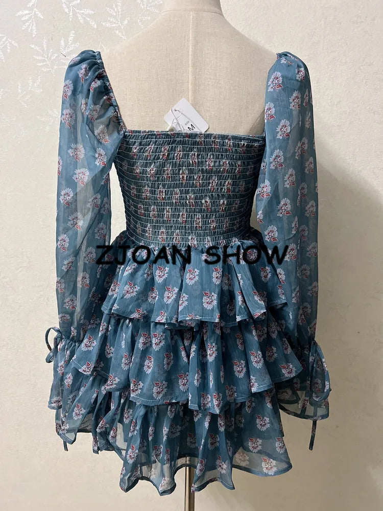 2022 Women Sexy Cross Bandage Black Flower Print Puff Long Sleeve Dress 3 layer Wood Ears Ruffles Hem Cake Mini Holiday Robe
