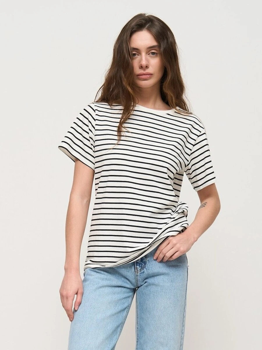 Wolfeel Summer Short Sleeve Striped T-Shirts Women Knitted Basic Casual Tops Female Cozy Loose Cotton Tees