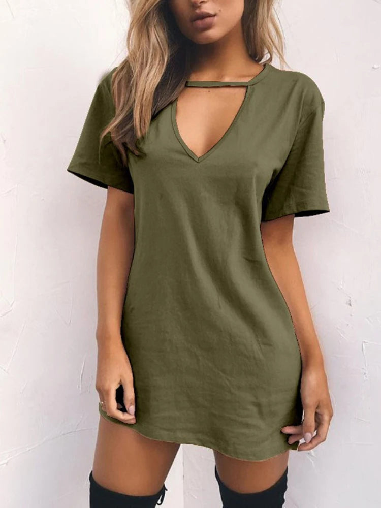 Summer Sexy Mini Black Dress 2025 V Neck Cut Out Loose Dress Women Elegant Short Sleeve Club Party Dress Solid Color Streetwear