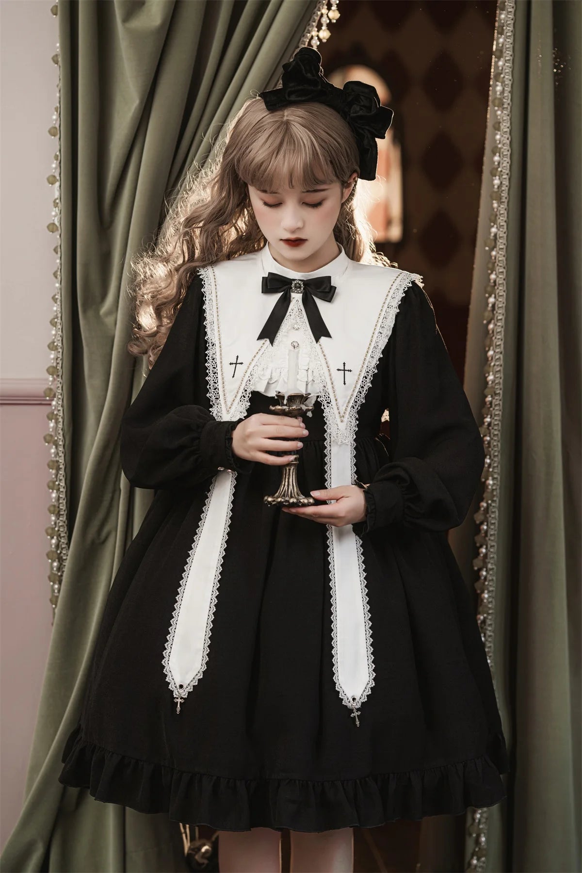 Contract Color Lolita Dress for Women Gothic Style Dark Girl Japanese Retro Op Dress Autumn and Winter Long Sleeve Black Dress