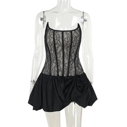 Talenza Black Lace Strapless Dress Women's Sexy Sleeveless Pleated A-Line High Waist Dress Backless Off Shoulder Y2k Party Dress