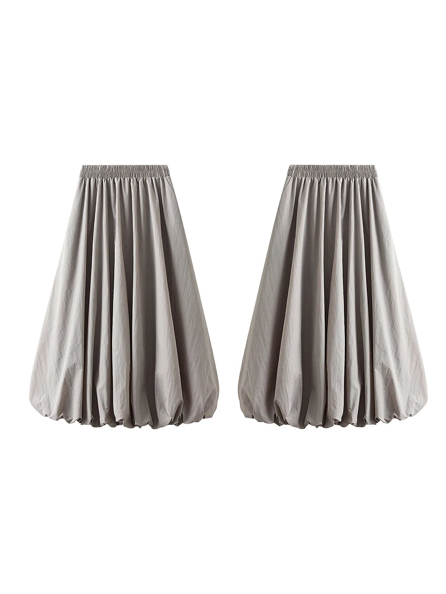Combhasaki Women's Elegant Elastic High Waist Solid Color A-Line Pleated Puffball Hem Casual Flowy Balloon Bud Midi Skirts