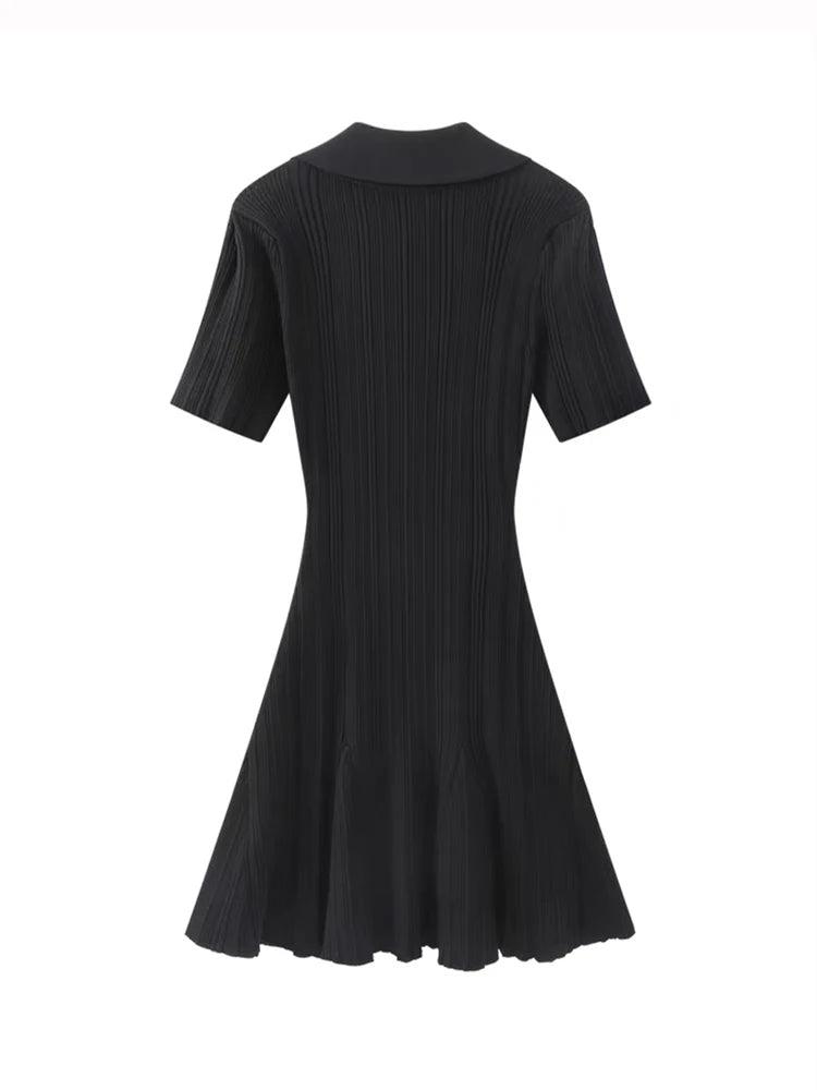 Summer New Women's Turn Down Collar Short Sleeve Knitted Mini Dress Slim Fit A-line Diamond Buttons White Short Dress  C-050