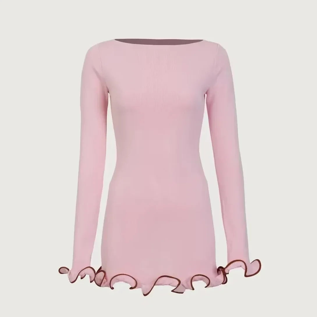 TARUXY Spring New Knitted Mini Dress For Women Fungus Contrast Color Slim Sweater Dress Elegant Female Party Clothes Long Sleeve