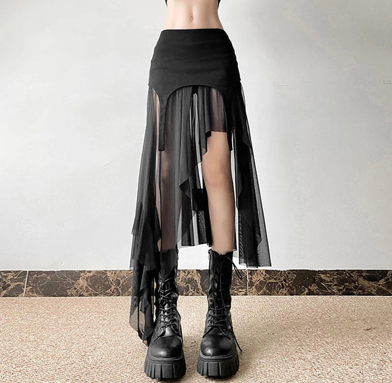 Zoki Sexy Irregular Y2K Skirts Women Vintage American High Waist Slim Slit Long Skirt Casual Lady Streetwear Retro Summer Skirts