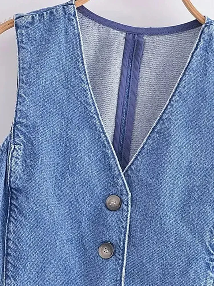 TRZA Women Fashion Front Button Denim Waistcoat Vintage V Neck Sleeveless Female Outerwear Chic Vest Tops