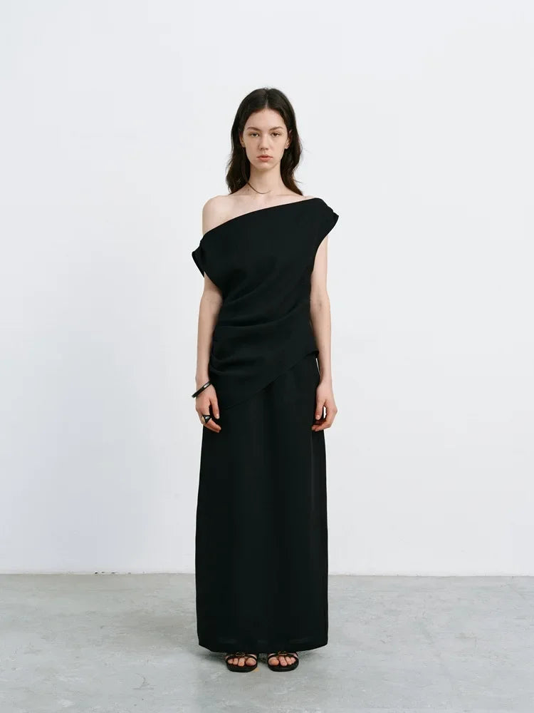 Elegant High-Waisted A- Line Skirt For Women Summer Commuting Long Dress Textile Song WhiteDrapedSideSlitLongDress