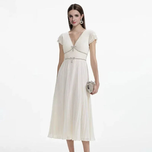 Elegant French Style Dress with Butterfly Knot Waist Cinching Pleated Skirt Cocktail Dress Short Sleeve V Neck Ankle Length