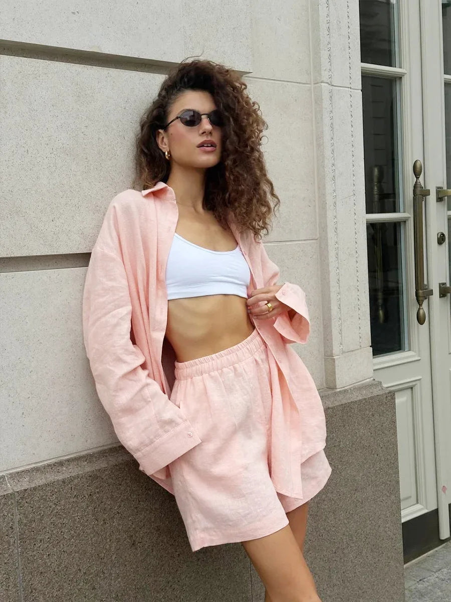 Wolfeel Women's Casual Shorts Sets 100% Cotton Solid Color Cozy Lapel Long Sleeve Shirt Summer New Elastic Waist Shorts Suits