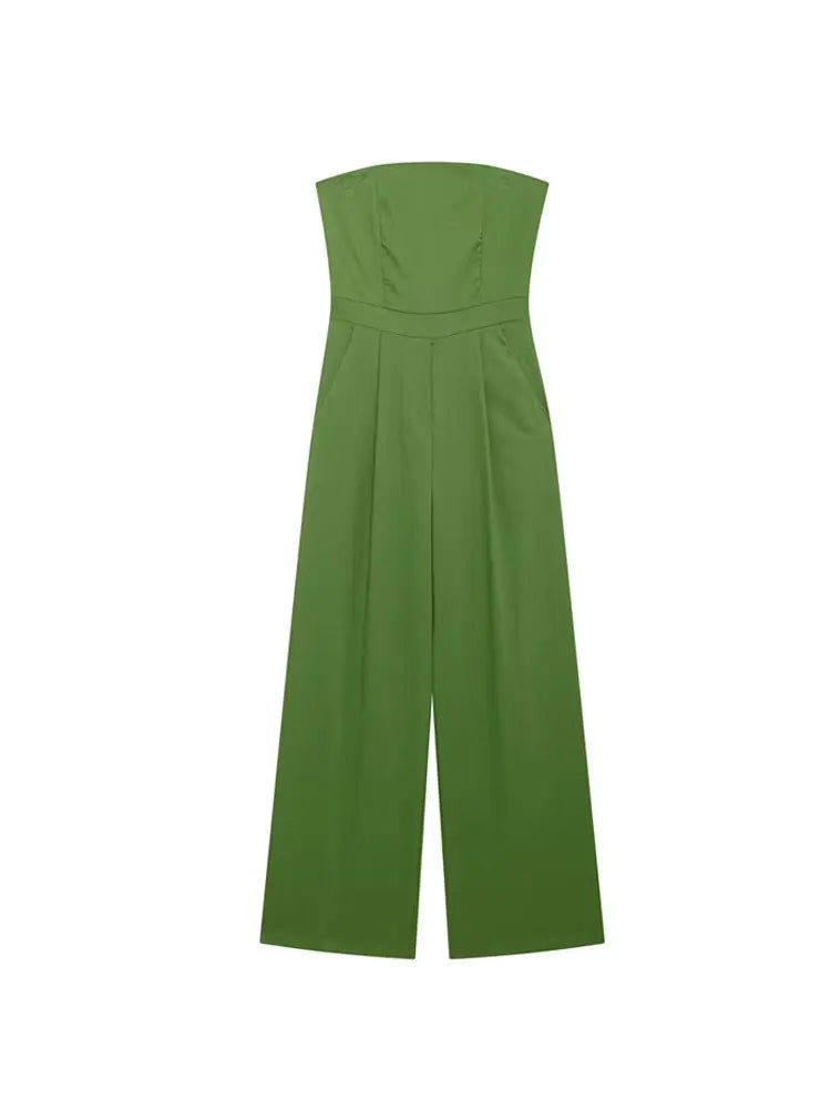 TRZA-Strapless Linen Jumpsuits for Women, Straight Neck, Back Zipper, Female Playsuits, Chic Fashion