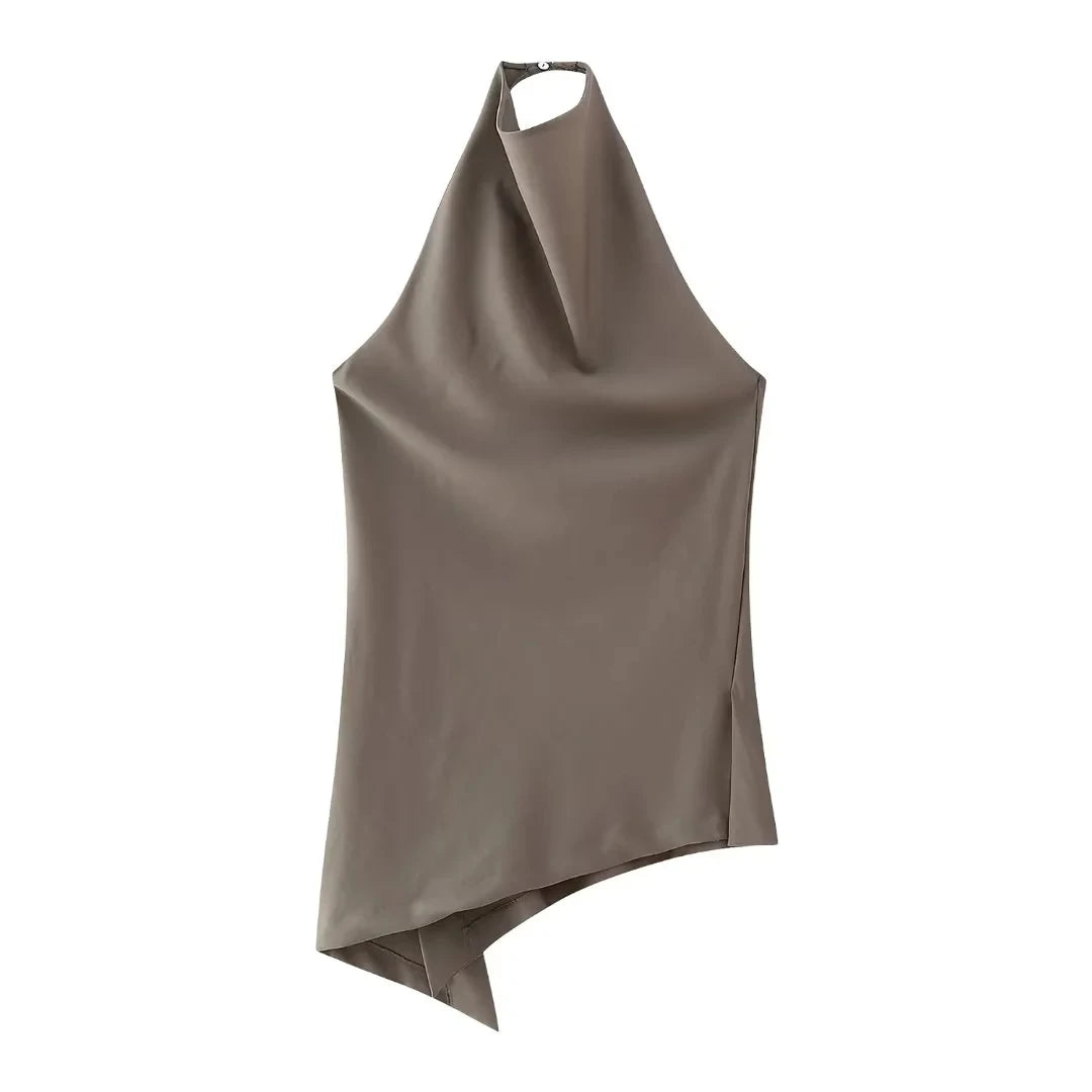 TRAFZA Women Vintage Solid Pant Sets Sexy Backless Halter Camis Top Asymmetric Tank Top + Drawstring Trousers Fashion Streetwear