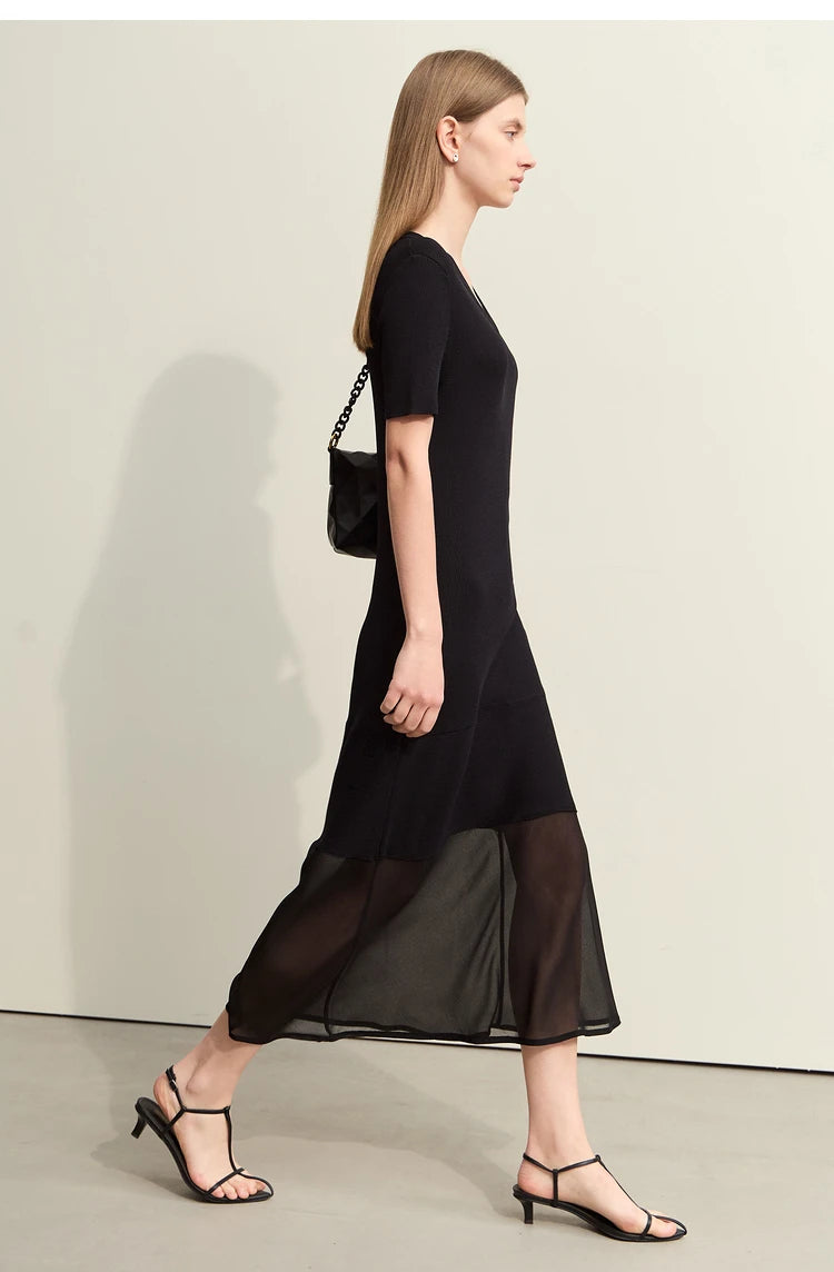 Amii Minimalism 2024 Women's Knitted Dresses Summer New V-neck Spliced Chiffon Short-sleeve Female Slim Fishtail Dress 12442152