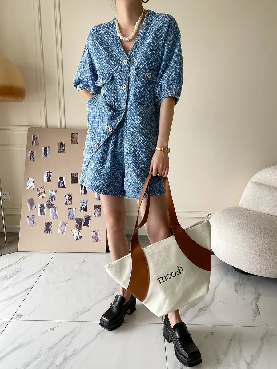 Women's Denim Short Sleeve Top and Shorts Two Piece Suit French Fashion Spring Summer Cowgirl Top Streetwear Korean Leisure New