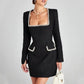 Talenza Long Sleeve Tweed Dress Women's Elegant Square Neck Luxury Party Evening Gown Retro Slim Patchwork Short Dress Vestido