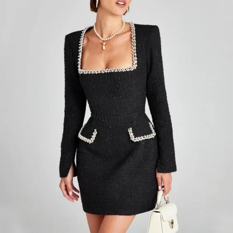 Talenza Long Sleeve Tweed Dress Women's Elegant Square Neck Luxury Party Evening Gown Retro Slim Patchwork Short Dress Vestido