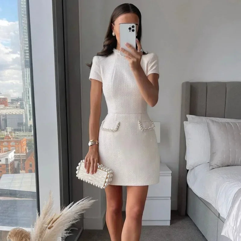 Talenza Women's Elegant Tweed A-Line Dress Solid Slim Fit Y2k Short Sleeve Dress Retro O-Neck Patchwork Luxury Evening Dress