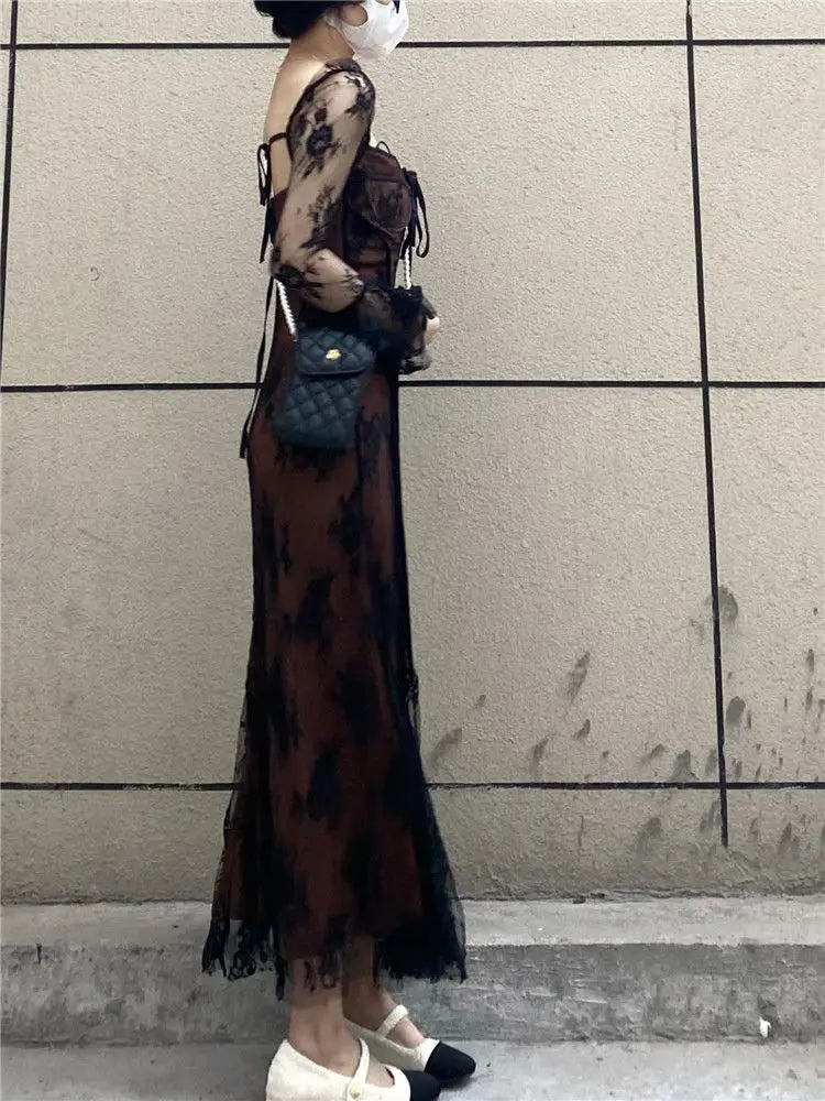 2024 Spring Vintage Lace Dress Women Casual Even Party Dress Korean Fashion Clothing Outwear Slim Bodycon Black Dress Female Y2k