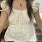 2024 New White Lace Tied Square Neck Summer T-shirts Chic Elegant Short Sleeve Tee Cotton Y2K Street Casual Bow Tie-up Top Women