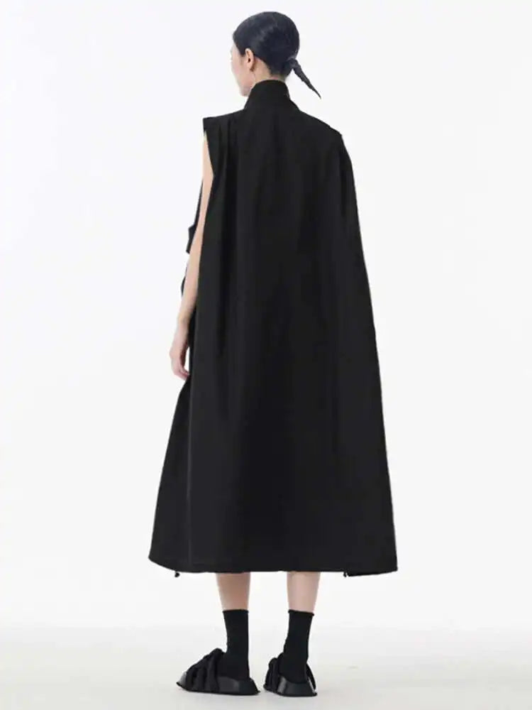 [EAM] Women Green Pocket Hem Drawstring Big Size Vest Dress New Stand Collar Sleeveless Fashion Tide Spring Autumn 2025 1DJ0147