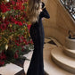 TARUXY Black Lace Flare Sleeve Dress One-Shoulder Women's Slim Tight Waist Sexy Gown Dress Elegant Strapless Long Fishtail Dress