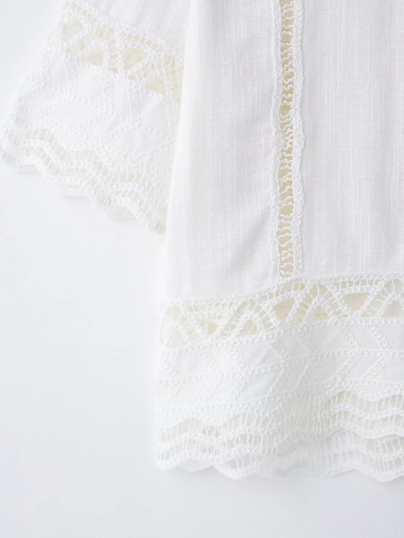 TRAFZA Women Fashion O-Neck Crocheting Details White Skirt Suit Short-sleeve Blouse+Side Zipper White Pleated Midi Se Long Skirt