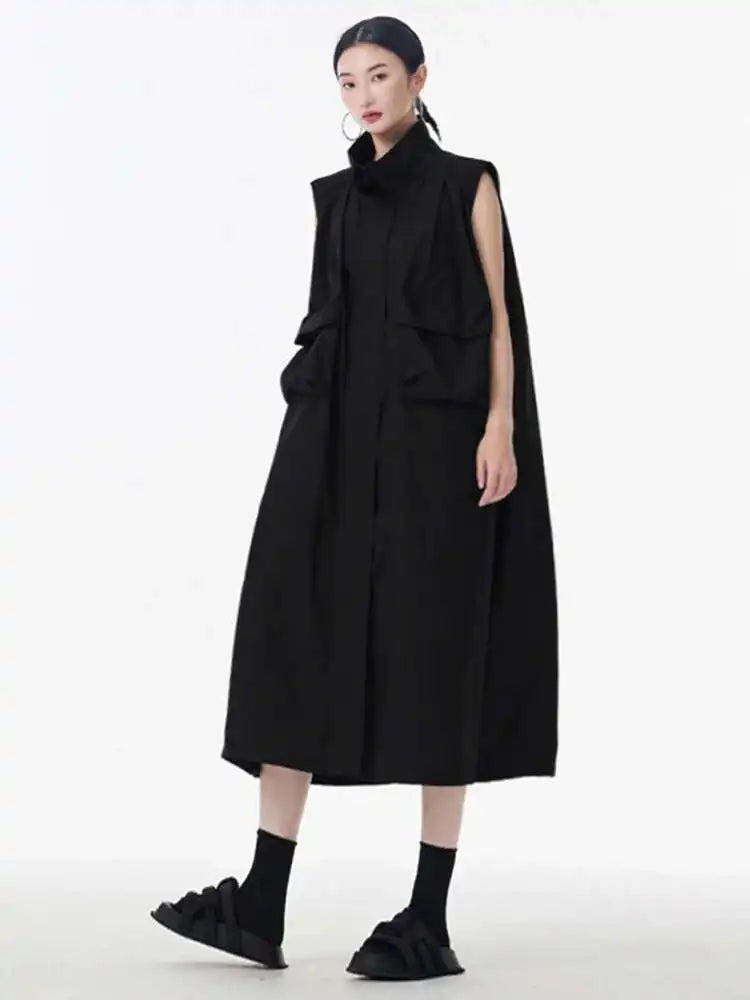 [EAM] Women Green Pocket Hem Drawstring Big Size Vest Dress New Stand Collar Sleeveless Fashion Tide Spring Autumn 2025 1DJ0147
