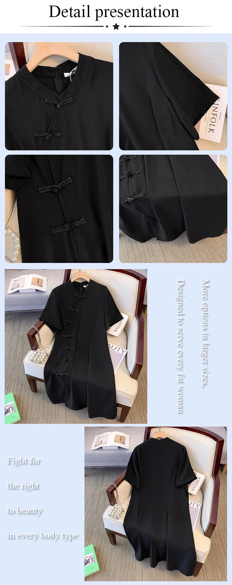 Plus size women's summer casual dress Chinese style modified cheongsam tray buckle decoration slit hem black polyester fabric