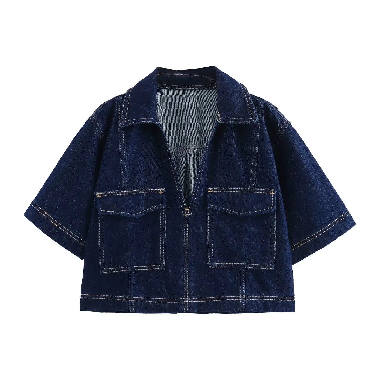 TRAFZA Summer Women Suits Denim Blue Turn-Down Collar Short Sleeves Pocket Decoration Shirts+Mid Waist Asymmetrical Shorts