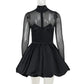 Talenza Black Mesh Sexy Mini Dress Female High Waisted Sheer Long Sleeve Patchwork A-Line Short Dress Luxury Party Evening Dress