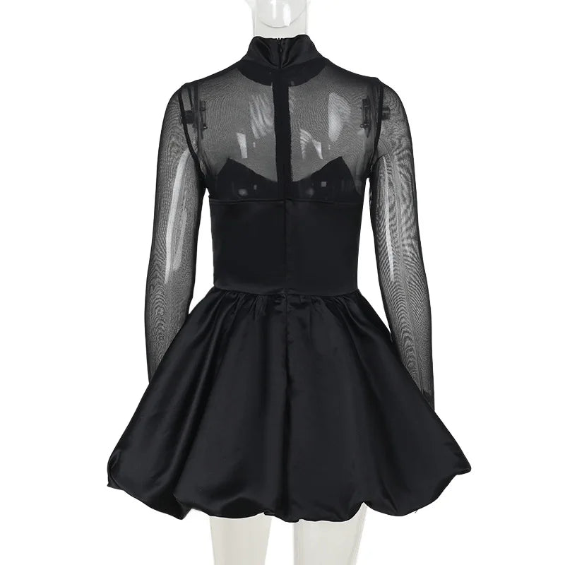 Talenza Black Mesh Sexy Mini Dress Female High Waisted Sheer Long Sleeve Patchwork A-Line Short Dress Luxury Party Evening Dress