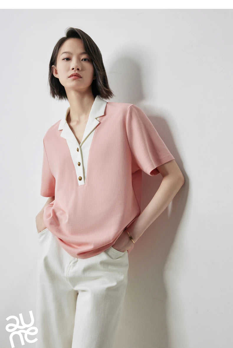 TOYOUTH Women Contrasting Colors POLO Collar T-shirt 2025 Summer New Short Sleeved Top