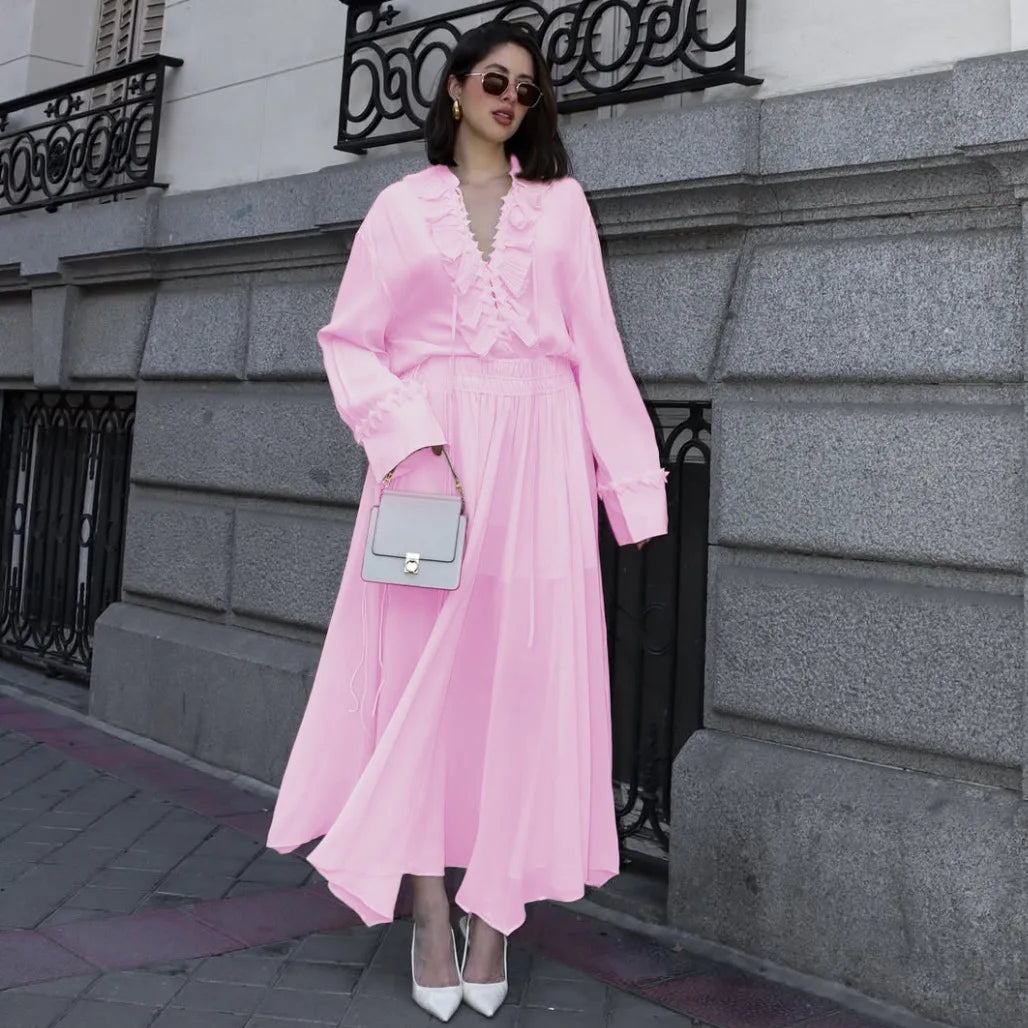 Talenza Casual Chiffon Shirt Women Fashion Pleated Lace-up Solid Lace Top Summer Vacation Loose Vintage Elegant  Female Blouses