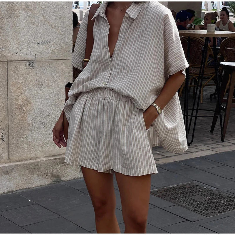 Women Casual Striped Cotton Linen Loose Shirt Shorts Suits Fashion Lapel Half Sleeves Elastic Waisted Shorts Summer Lady Outfits