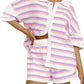 Women Casual 2 Pieces Set Loungewear Matching Suits Stripe Contrast Color Button Crochet Knit Blouse Tops + Shorts Outfits