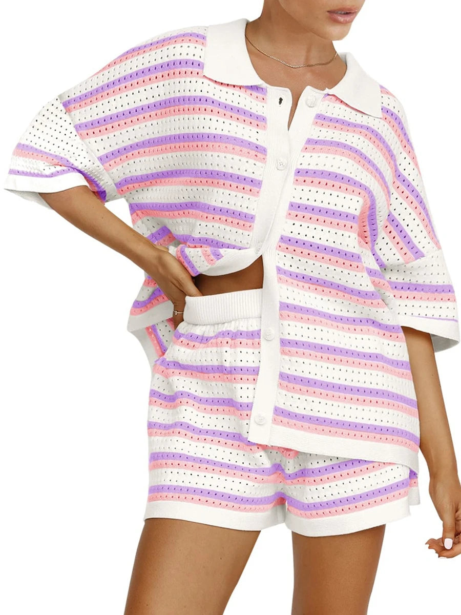 Women Casual 2 Pieces Set Loungewear Matching Suits Stripe Contrast Color Button Crochet Knit Blouse Tops + Shorts Outfits