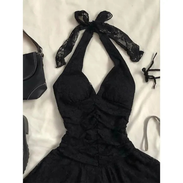 2025 Summer New Black Dress for Women Sexy Slim Fit Halter Lace Up Dresses Y2k High Waist Halter Lace Up Vestidos De Mujer