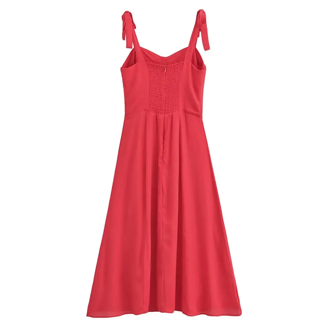 French Red Holiday Party Sling Summer Dress For Women Bow Shoulder A-line Slim Midi Chiffon Dresses