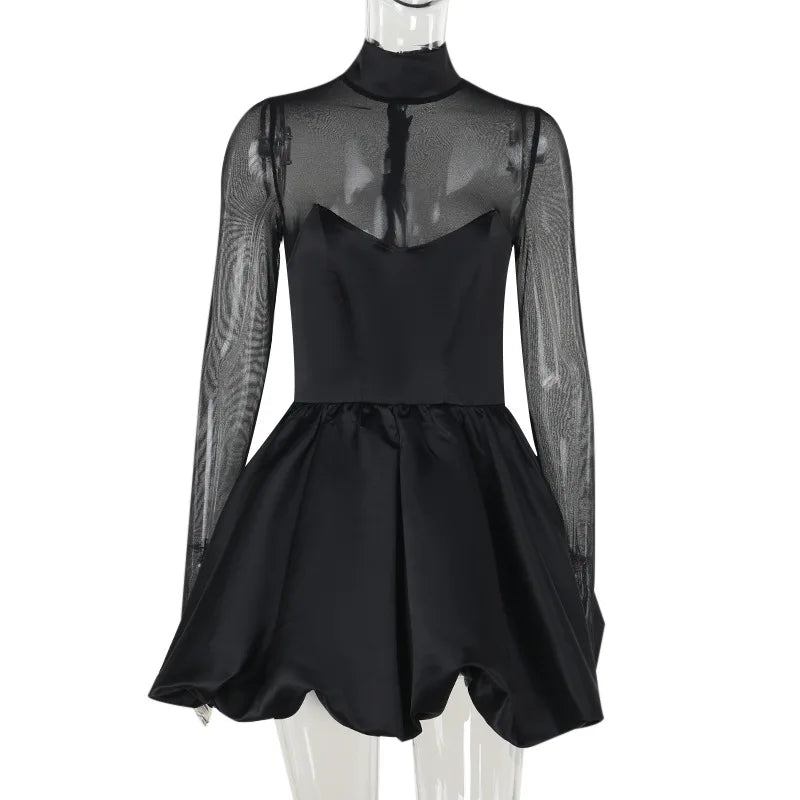 Talenza Black Mesh Sexy Mini Dress Female High Waisted Sheer Long Sleeve Patchwork A-Line Short Dress Luxury Party Evening Dress