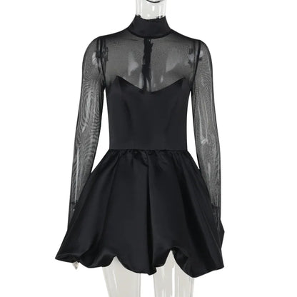Talenza Black Mesh Sexy Mini Dress Female High Waisted Sheer Long Sleeve Patchwork A-Line Short Dress Luxury Party Evening Dress
