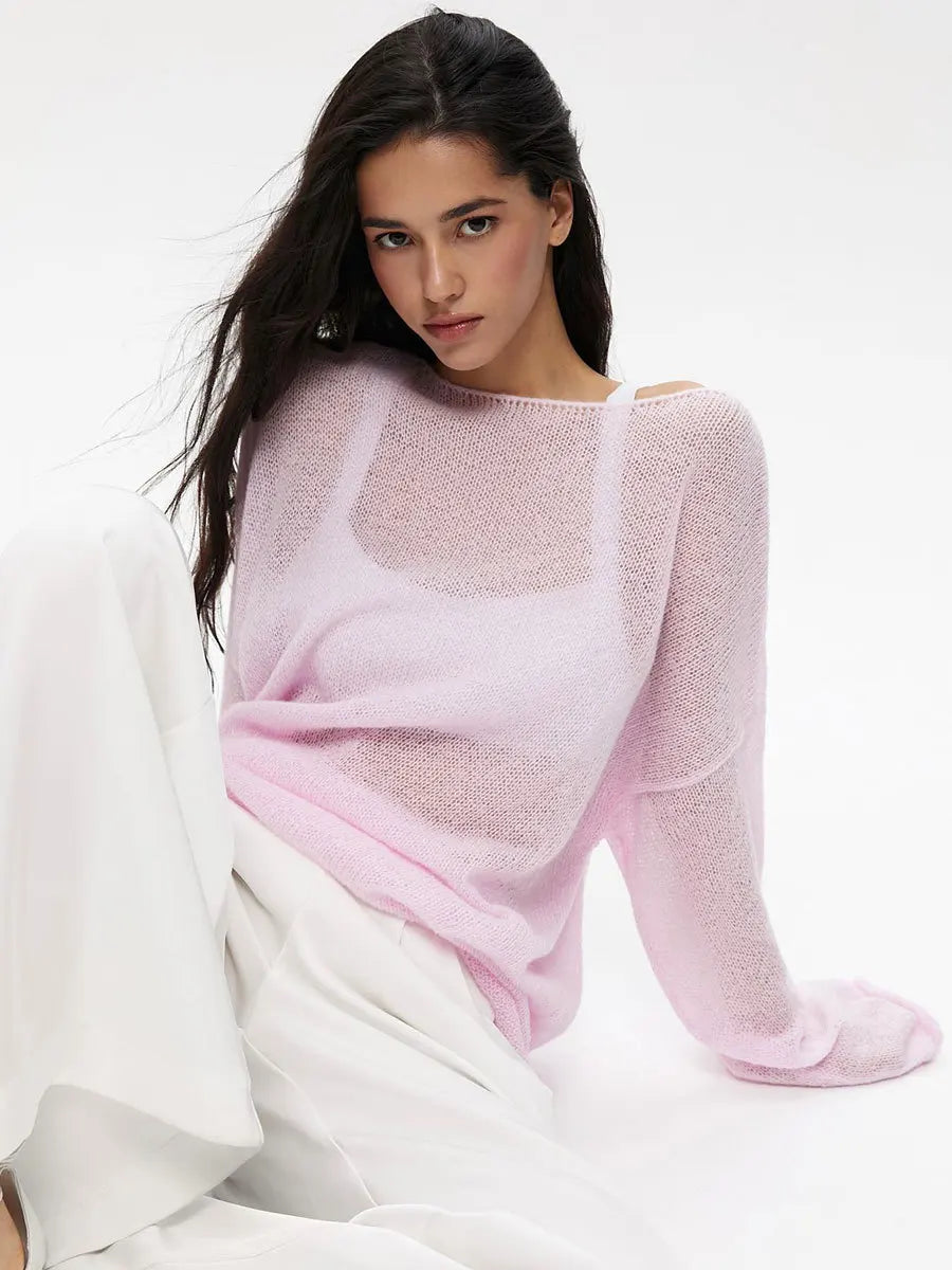 Original Fashion Hollow Out Knit Shirt Spring And Summer Women's Perspective Thin O-Neck Loose Elastic Long Sleeve Knit T-shirt