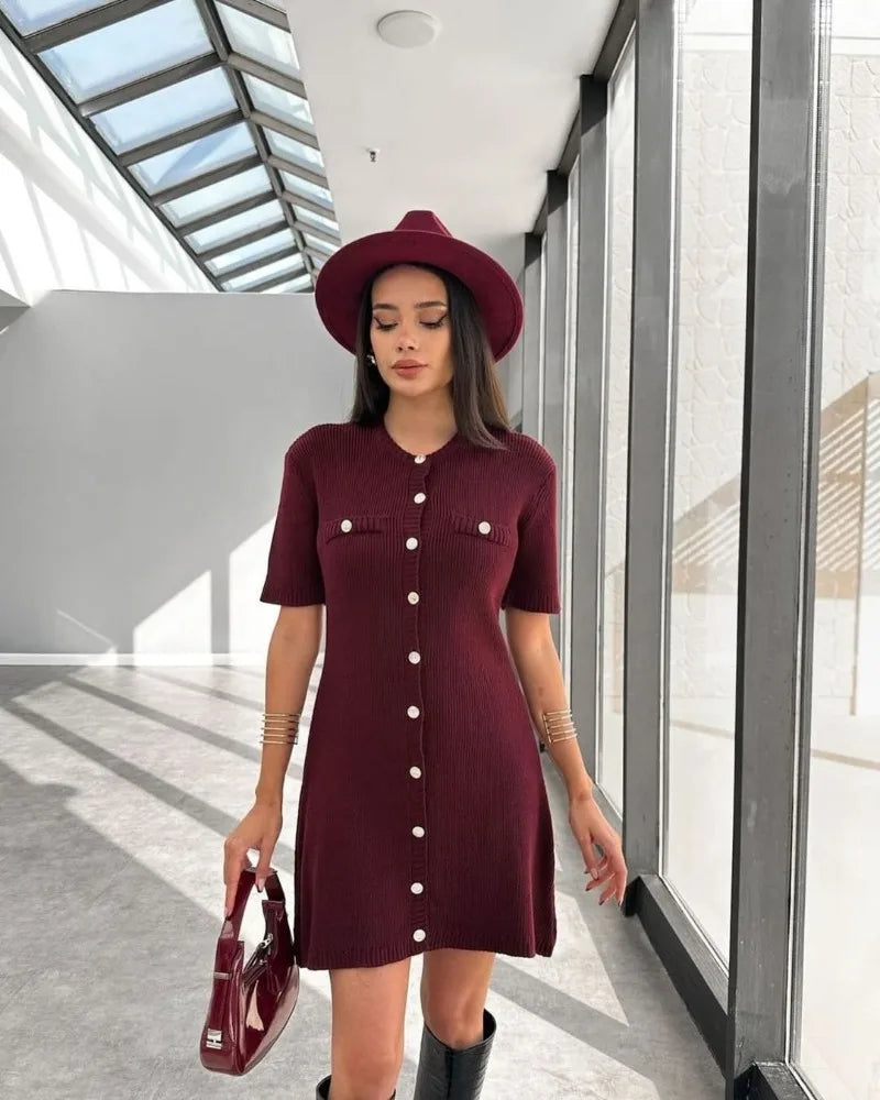 Trendix Elegant Knit Mini Dress Women Street Slim High Waist Short Sleeve Rib Sweater Dresses Vacation Bodycon Knitwear Dress
